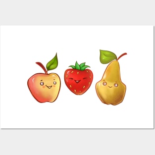 color illustration with cute fruit and berry. pear, apple and strawberry Posters and Art